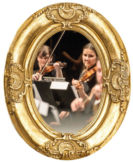Orchestra performers playing in gold frame